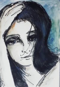 Portrait sur fond bleu / Encre et aquarelle / 50 x 70