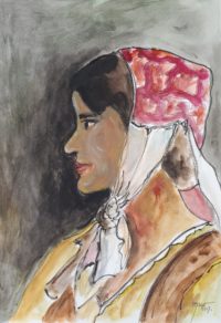 Femme au bonnet rose / Aquarelle et encre / 50 x 70