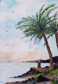 Bord du lac sous le palmier / Aquarelle / 50 x 70