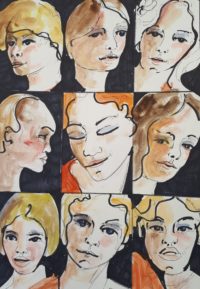 Visages pèle mêle / Aquarelle et encre / 50 x 70