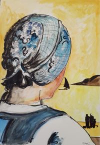 Jeune fille au bonnet bleu / Aquarelle / 50 x 70