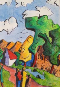 Sur le chemin montagnard / Mines de couleurs et encre / 50 x 70 