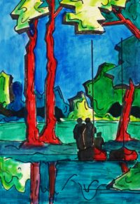 L'embarquement / Acrylique et encre / 50 x 70 