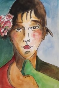 Portrait à l'écharpe verte / Aquarelle et encre / 50 x 70 