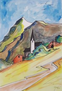 Bourg de montagne / Aquarelle et encre / 50 x 70 