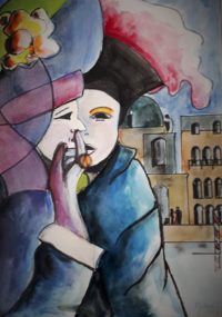 Rencontre de carnaval / Aquarelle et encre / 50 x 70 