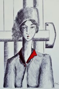 Femme au col rouge / Pointe bille noire et aquarelle / 50 x 70