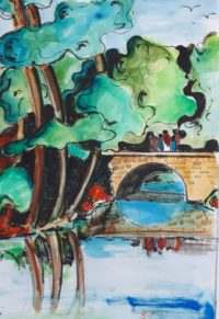 Le pont de pierres / Aquarelle et encre / 50 x 70