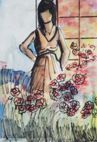 Jeune femme et son parterre fleuri / Encre et aquarelle / 30 x 40 