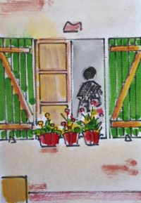 Fleurs au balcon / Aquarelle et encre / 30 x 50