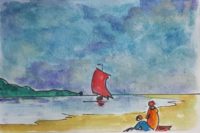 L'attente sur plage / Aquarelle et encre / 50 x 30