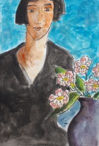 Femme aux marguerites / Aquarelle et encre / 30 x 50 