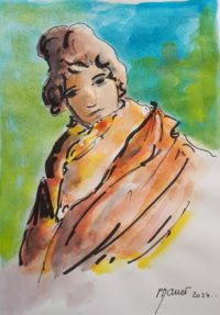 Femme au lourd châle / Aquarelle et encre / 30 x 50