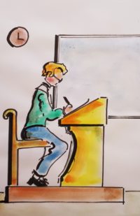 Etudiant au travail / Aquarelle et encre / 30 x 50