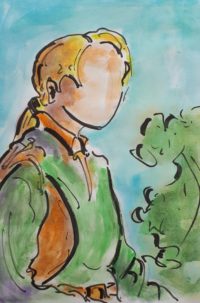 Au gilet vert / Aquarelle et encre / 30 x 50