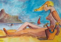 Sur la plage / Aquarelle et encre / 70 x 50 